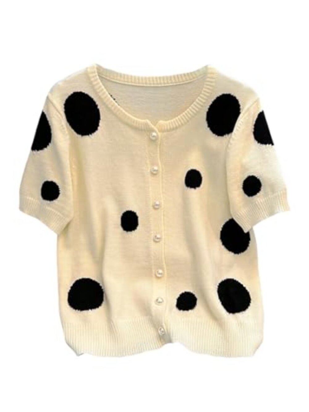 Polka Dots Pearl Button Down Cardigan Sweater Crew Neck Short Sleeve Knit Top